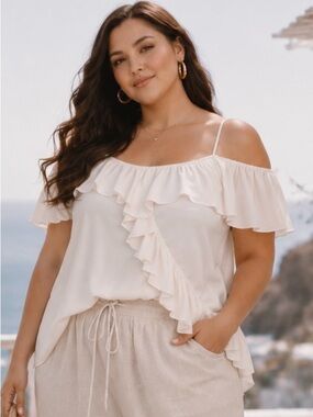 MARALLIS Collection Vtg Off Shoulder Ruffled Top White Sz XXL Boho Girly Cottage